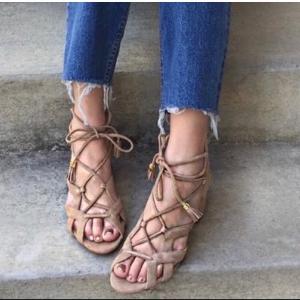 Tory Burch Suede Lace Up Peep Toe Flats